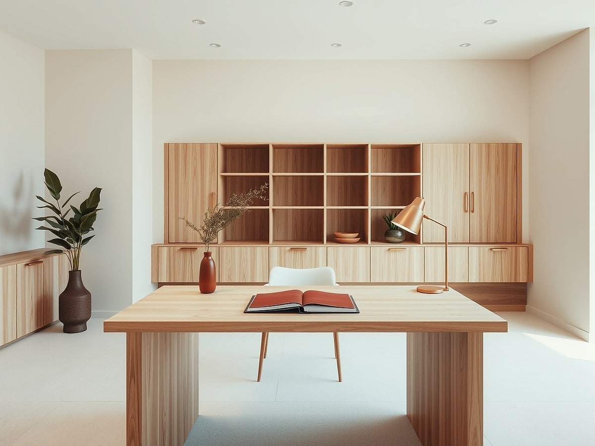 Calm consultancy studio with an oak desk, brass lamp and a leather notebook