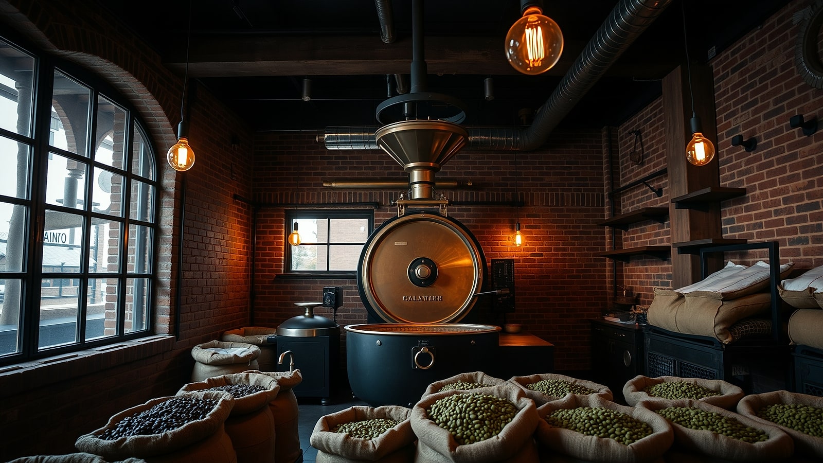 A drum roaster in a brick roastery