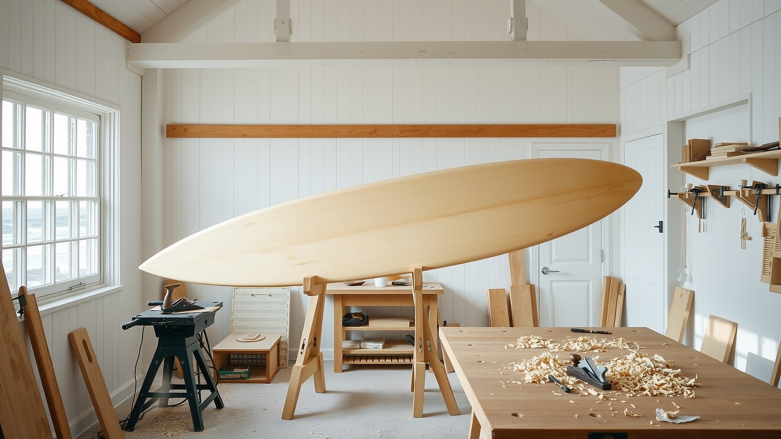 A hand-shaped wooden surfboard in a workshop
